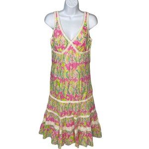 Lilly Pulitzer Sz 8 Pink Green Swing Tank Dress Lions Ruffles Crochet Trim